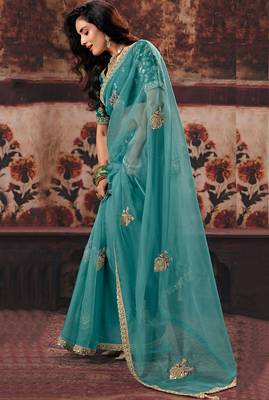Light teal organza handwork motif work crystal beads work saree with blouse 2