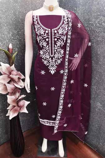 women's purple unstitched chanderi cotton dress material with embroidered dupatta