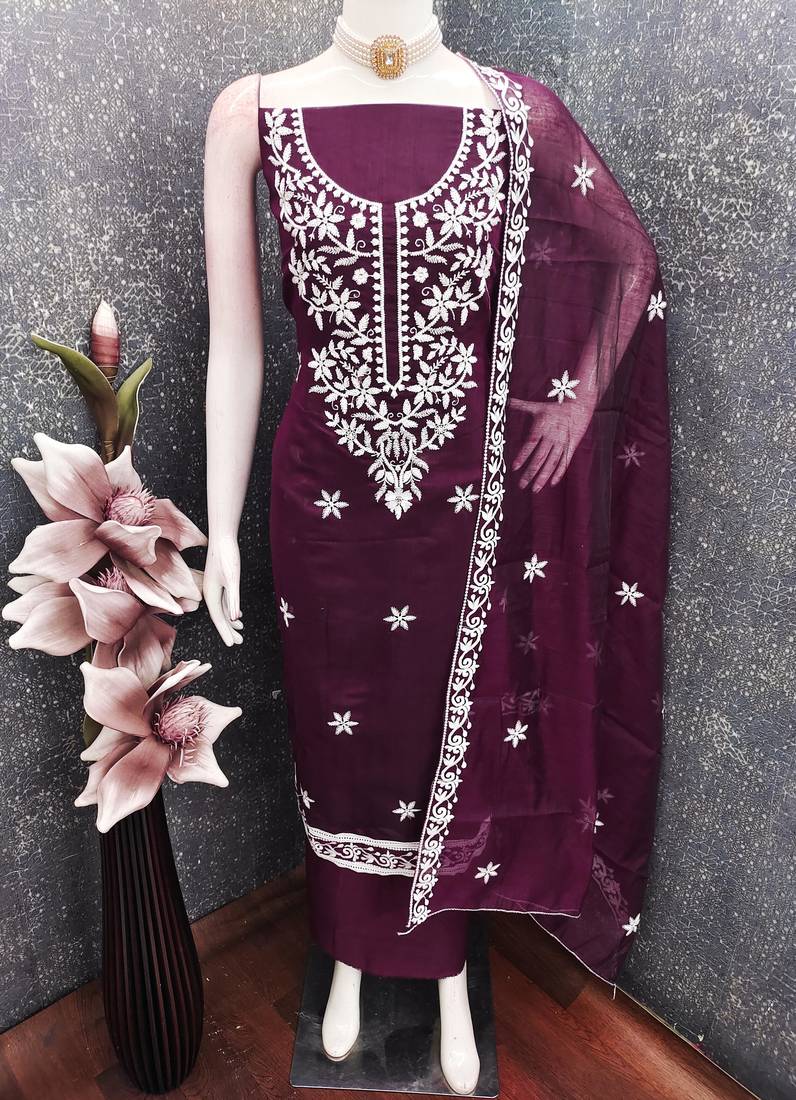 women's purple unstitched chanderi cotton dress material with embroidered dupatta