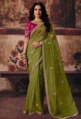 Mehendi organza handwork motif work crystal beads work saree with blouse 1