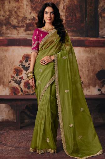 Mehendi organza handwork motif work crystal beads work saree with blouse