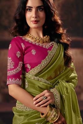 Mehendi organza handwork motif work crystal beads work saree with blouse 2