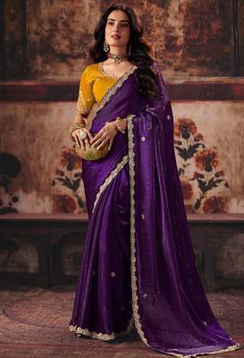 violet fendy satin handwork motif work crystal beads work saree with blouse 1