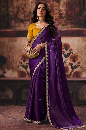violet fendy satin handwork motif work crystal beads work saree with blouse