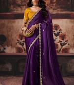 violet fendy satin handwork motif work crystal beads work saree with blouse