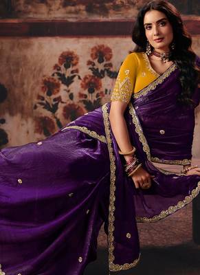 violet fendy satin handwork motif work crystal beads work saree with blouse 2