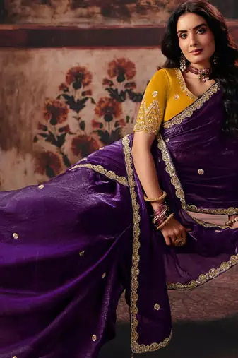 violet fendy satin handwork motif work crystal beads work saree with blouse