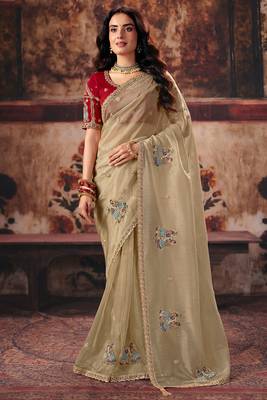 Beige organza handwork motif work crystal beads work saree with blouse 1