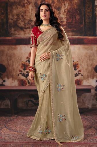 Beige organza handwork motif work crystal beads work saree with blouse