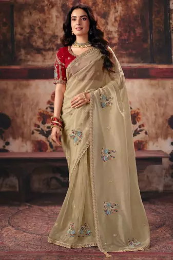 Beige organza handwork motif work crystal beads work saree with blouse