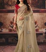 Beige organza handwork motif work crystal beads work saree with blouse