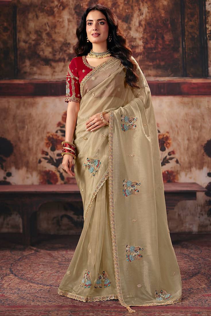 Beige organza handwork motif work crystal beads work saree with blouse