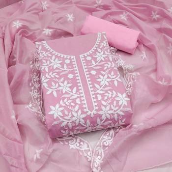 women's pink unstitched chanderi cotton dress material with embroidered dupatta 1