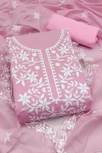 women's pink unstitched chanderi cotton dress material with embroidered dupatta