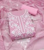 women's pink unstitched chanderi cotton dress material with embroidered dupatta