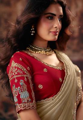Beige organza handwork motif work crystal beads work saree with blouse 2