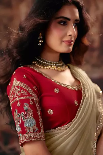 Beige organza handwork motif work crystal beads work saree with blouse