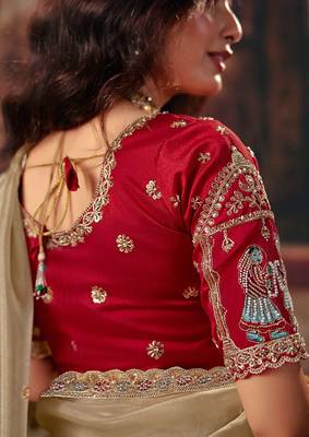 Beige organza handwork motif work crystal beads work saree with blouse 3