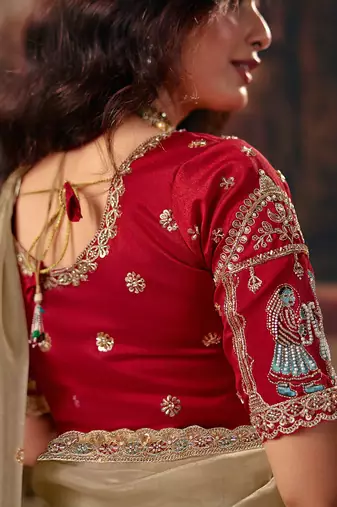 Beige organza handwork motif work crystal beads work saree with blouse