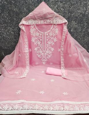 women's pink unstitched chanderi cotton dress material with embroidered dupatta 2