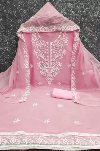 women's pink unstitched chanderi cotton dress material with embroidered dupatta