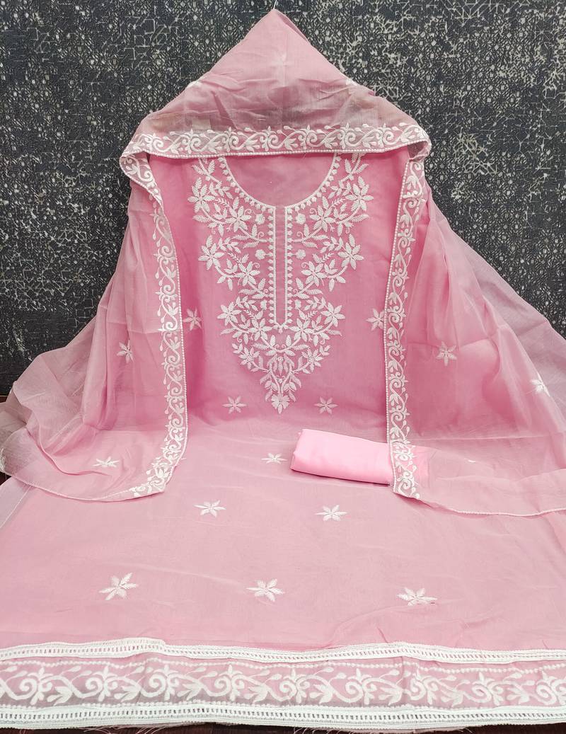 women's pink unstitched chanderi cotton dress material with embroidered dupatta