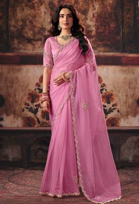 Pink organza handwork motif work crystal beads work saree with blouse 1