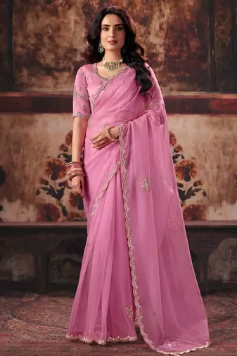Pink organza handwork motif work crystal beads work saree with blouse