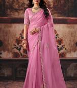 Pink organza handwork motif work crystal beads work saree with blouse
