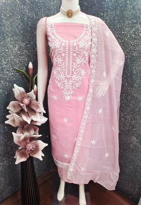 women's pink unstitched chanderi cotton dress material with embroidered dupatta 3