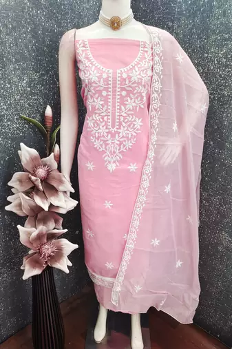 women's pink unstitched chanderi cotton dress material with embroidered dupatta