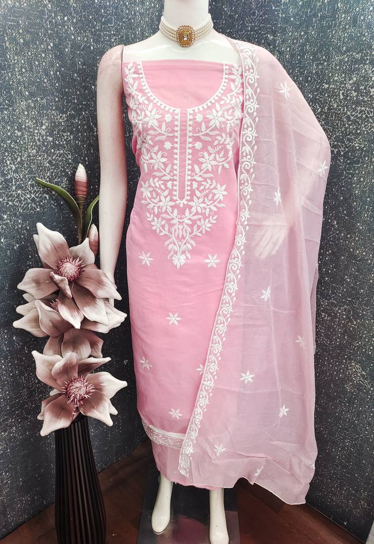 women's pink unstitched chanderi cotton dress material with embroidered dupatta