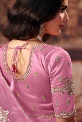 Pink organza handwork motif work crystal beads work saree with blouse 3