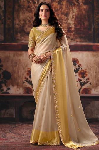 cream satin patta handwork motif work crystal beads work saree with blouse