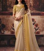 cream satin patta handwork motif work crystal beads work saree with blouse