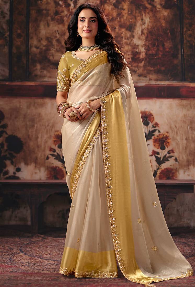 cream satin patta handwork motif work crystal beads work saree with blouse