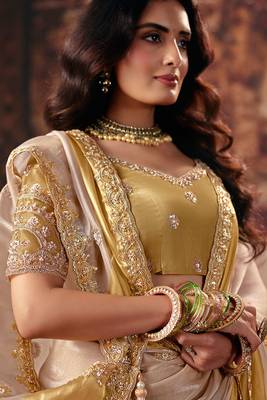 cream satin patta handwork motif work crystal beads work saree with blouse 2
