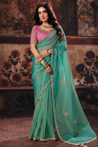 Sea green organza handwork motif work crystal beads work saree with blouse