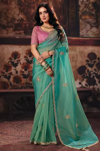 Sea green organza handwork motif work crystal beads work saree with blouse