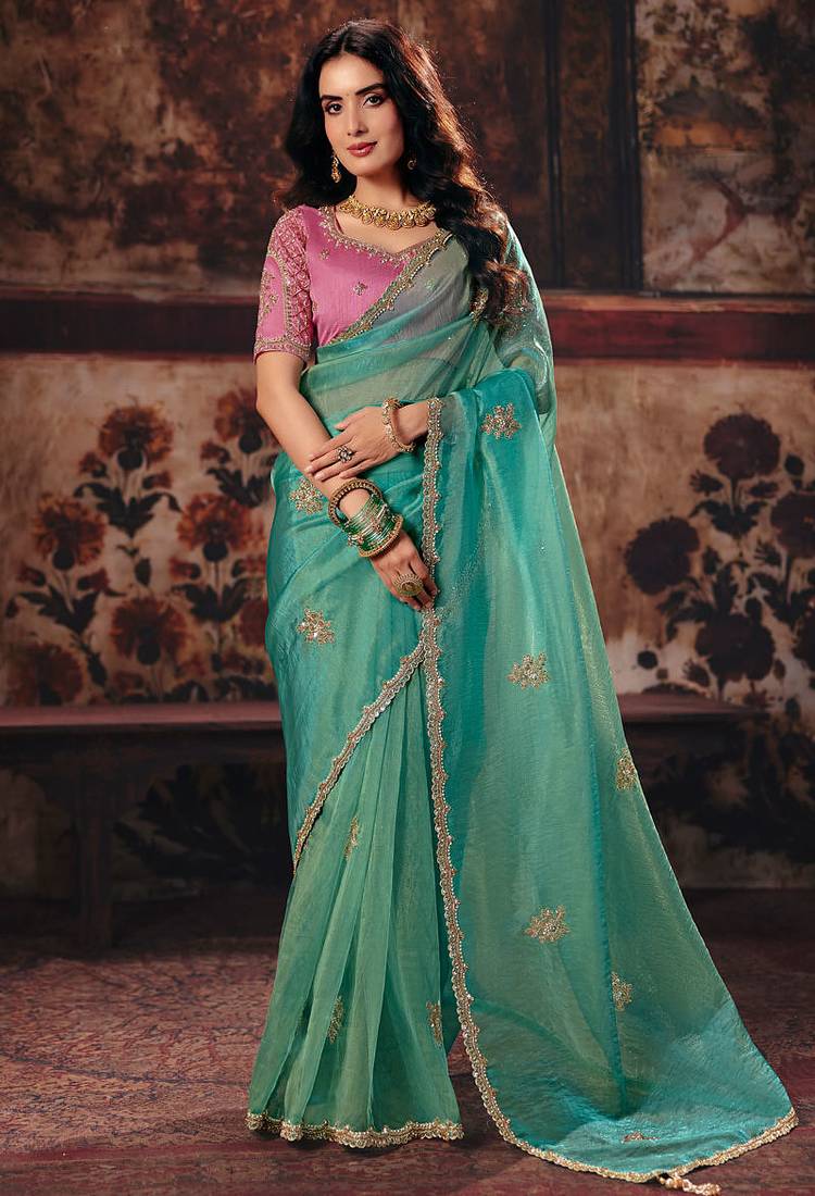 Sea green organza handwork motif work crystal beads work saree with blouse