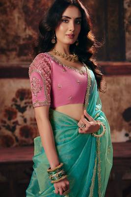 Sea green organza handwork motif work crystal beads work saree with blouse 2
