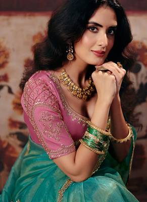 Sea green organza handwork motif work crystal beads work saree with blouse 3