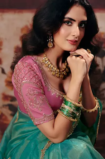 Sea green organza handwork motif work crystal beads work saree with blouse
