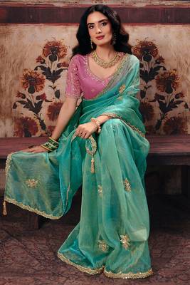 Sea green organza handwork motif work crystal beads work saree with blouse 4
