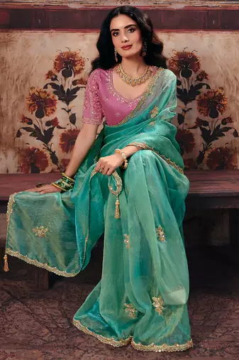 Sea green organza handwork motif work crystal beads work saree with blouse