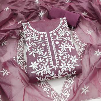 women's lavender unstitched chanderi cotton dress material with embroidered dupatta 1