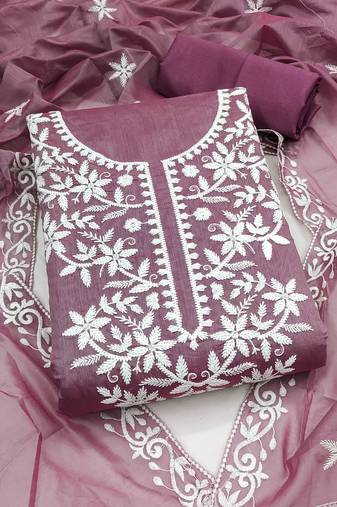 women's lavender unstitched chanderi cotton dress material with embroidered dupatta