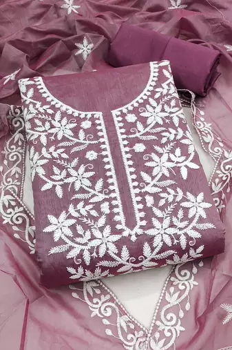 women's lavender unstitched chanderi cotton dress material with embroidered dupatta