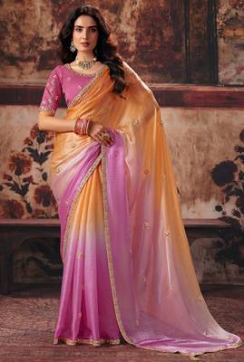 orange & pink fendy satin handwork motif work crystal beads work saree with blouse 1