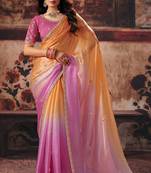 orange & pink fendy satin handwork motif work crystal beads work saree with blouse